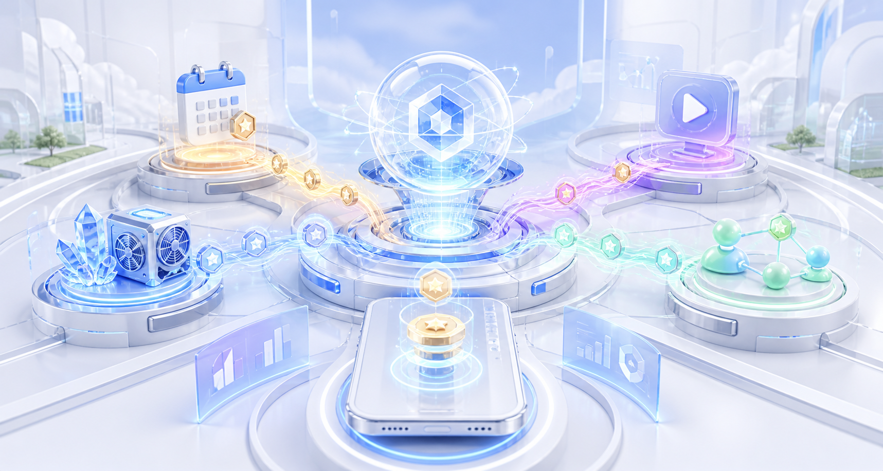 Futuristic OpenEarn coin economy with daily reward, mining, ads, referrals, and AI usage